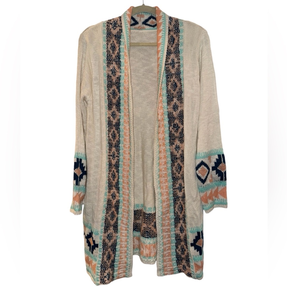 Beige Open-Front Aztec Trim Women's Cardigan Sweater